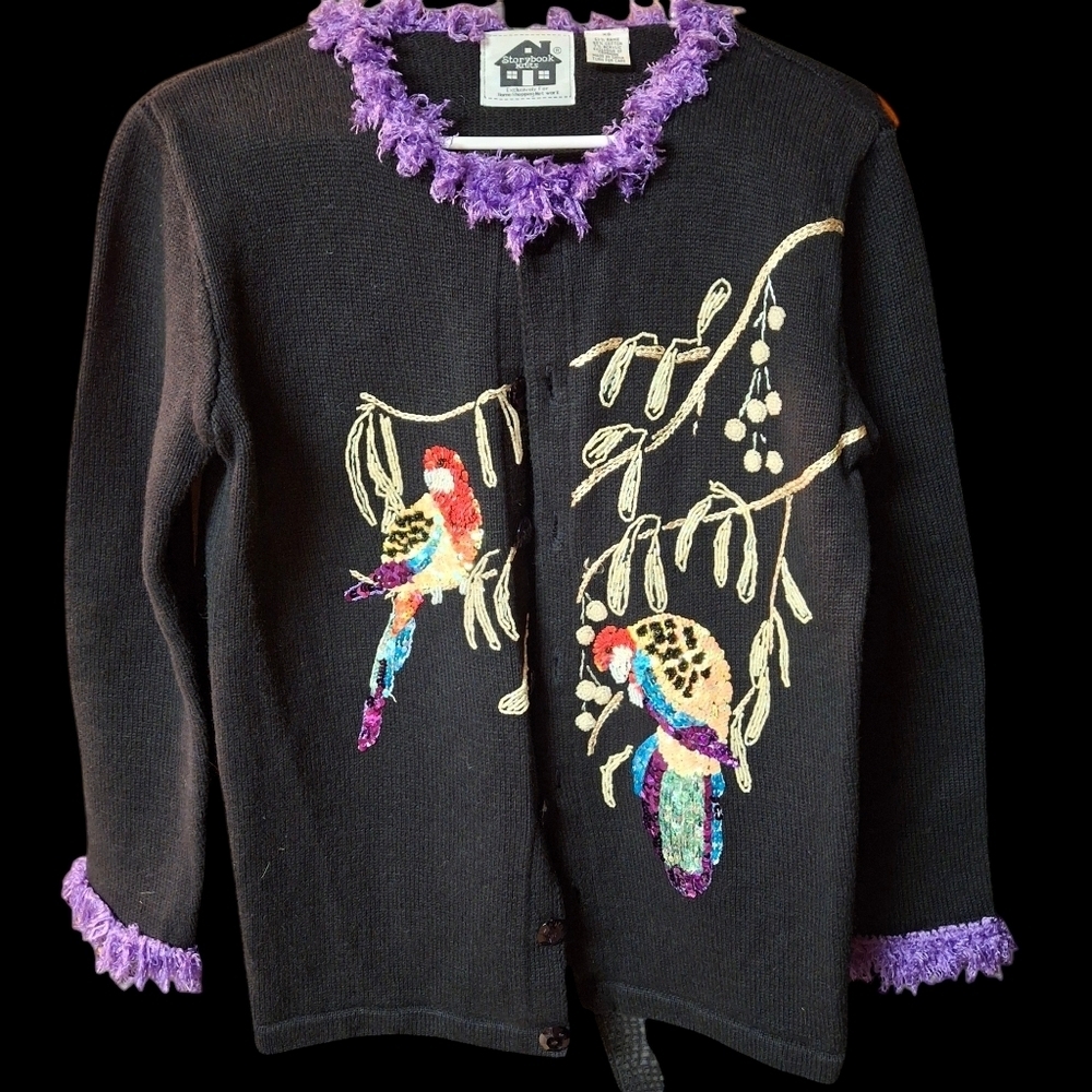 Storybook Knit Black Embellished Cardigan Sweater "Parrot Fancy"  Women Size XS - Picture 3 of 14